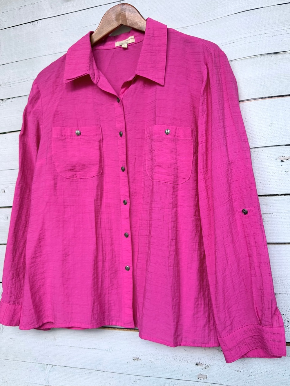 Choices Crinkle Textured Roll-Tab Utility Button Down Shirt - Large